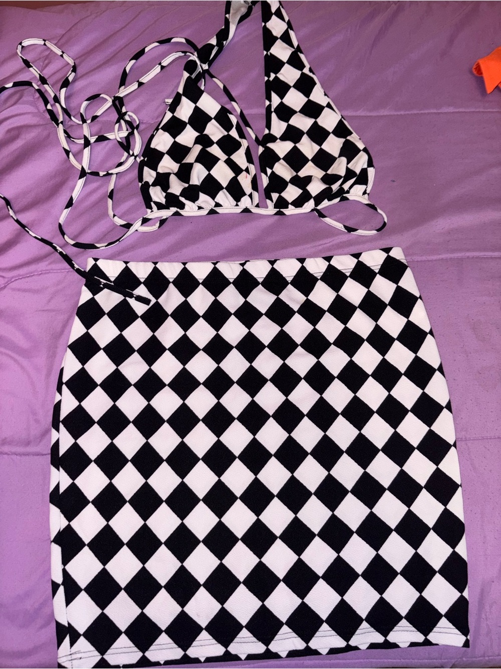 Black & White Diamond-Check Mini Skirt by